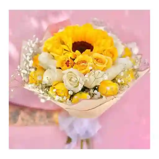 Bouquet De Rosas Blancas Y Amarillas Girasol Y Chocolates