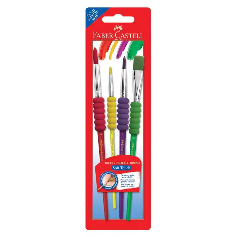 Paquete De Pinceles Faber Castell Ergonomicos X4 Unds Soft Touch (#12 Plano, #10 Redondo, #6 Redondo Y #2 Redondo)