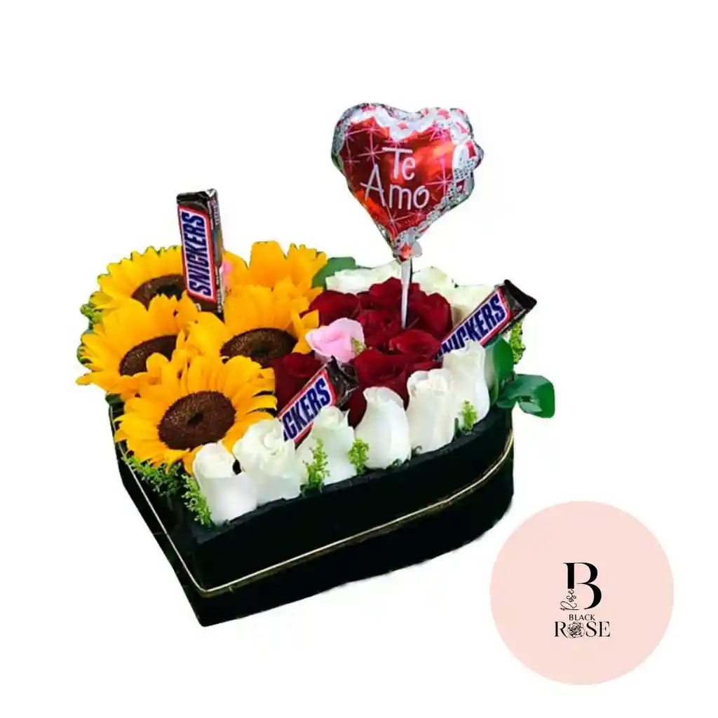 Girasol, Rosas Blancas, Rosas Rojas, Snicker En Caja De Corazon