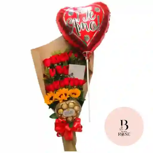 Girasoles, Rosas Rojas, Ferrero Rocher Y Globo En Bouquet