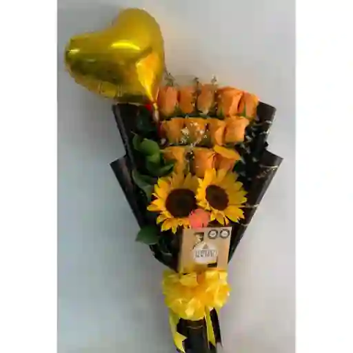 Bouquet Rosas Amarillas, Girasoles Y Chocolates Con Globo