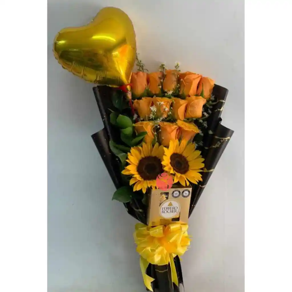 Bouquet Rosas Amarillas, Girasoles Y Chocolates Con Globo
