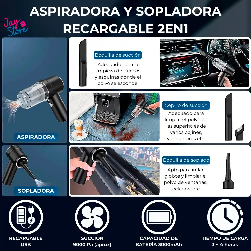 Aspiradora Recargable Portátil Sopladora 2en1 Con Luz Led