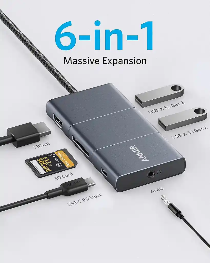 Hub Anker Usb C Adaptador Powerexpand 6 En 1 Con Hdmi 4k Puerto De Entrega De Energía De 100 W, 2 Puertos A De 10 Gbps Lector De Tarjetas Sd Y Audio De 0.138 In Para Macbook Air Pro Xps Más