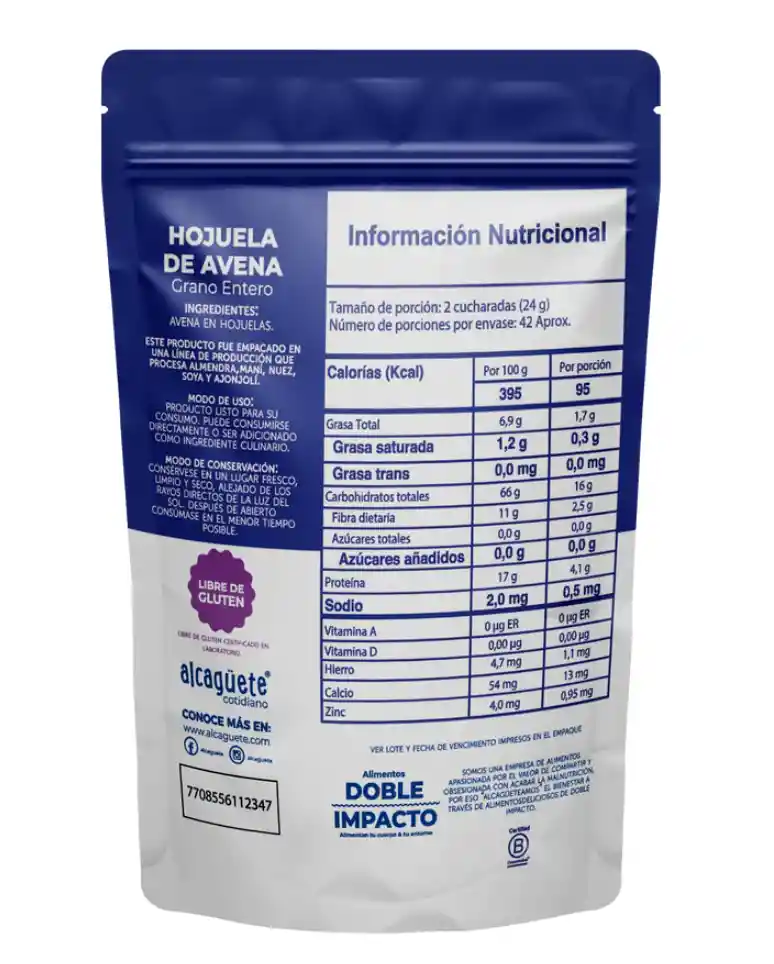 Hojuela De Avena Libre Gluten Marca Alcagüete Embalaje De 1 Unidad Por 1000g