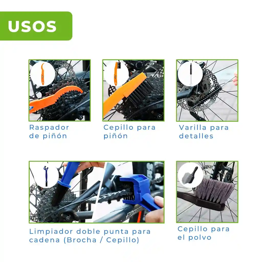 Limpieza Bicicleta Kit 9 Piezas Cepillo Polvo + Limpia Cadena