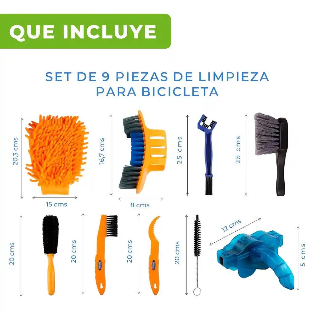 Limpieza Bicicleta Kit 9 Piezas Cepillo Polvo + Limpia Cadena