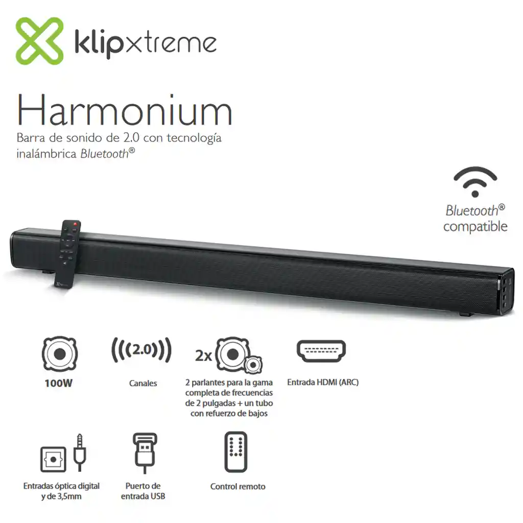 Barra De Sonido 2.0 Klip Xtreme Ksb-001, Bluetooth, 100w Rms