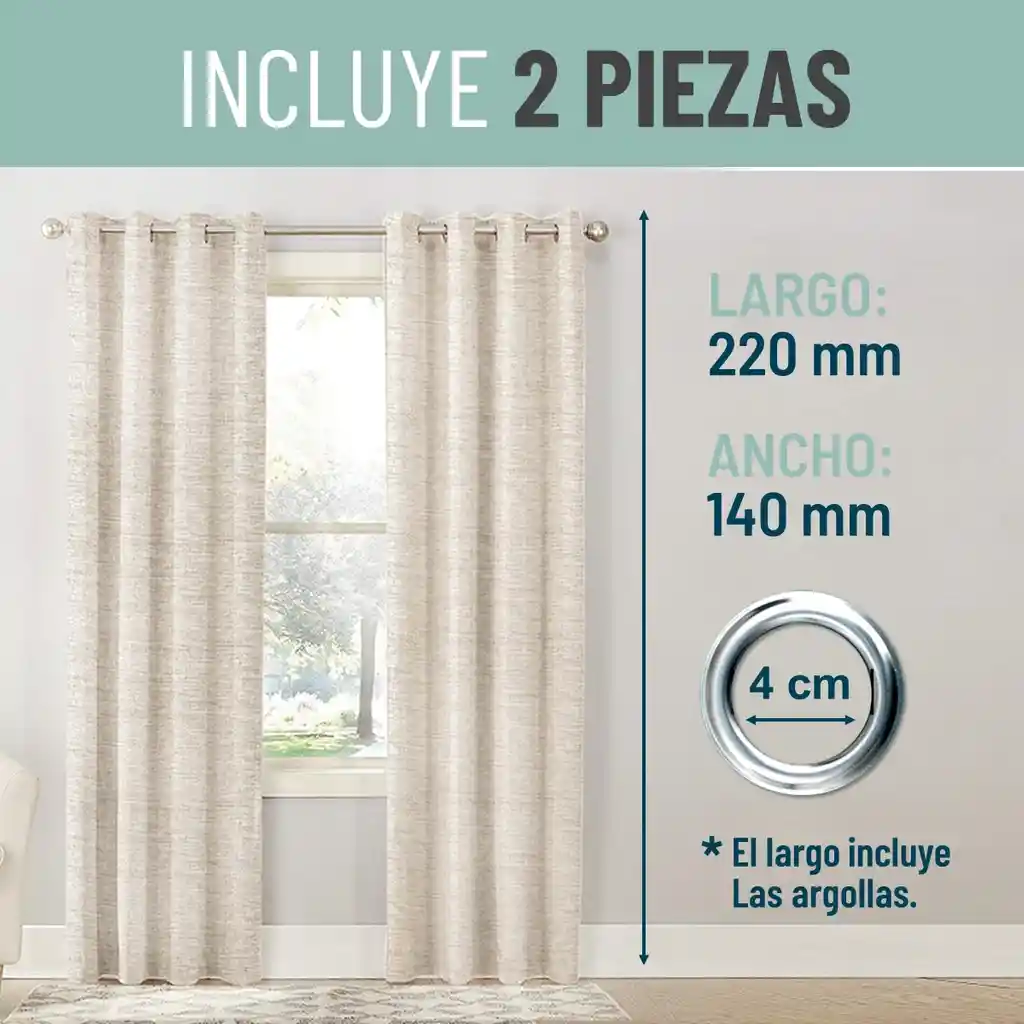 Cortina Blackout 100% Anti Luz, 2 Paños 140x220 Textura Lino