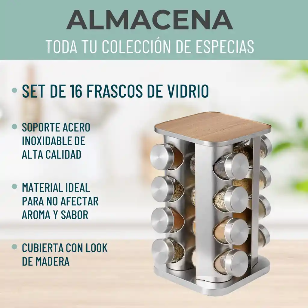 Especiero Cocina 16 Condimentos Giratorio Vidrio Acero Inox