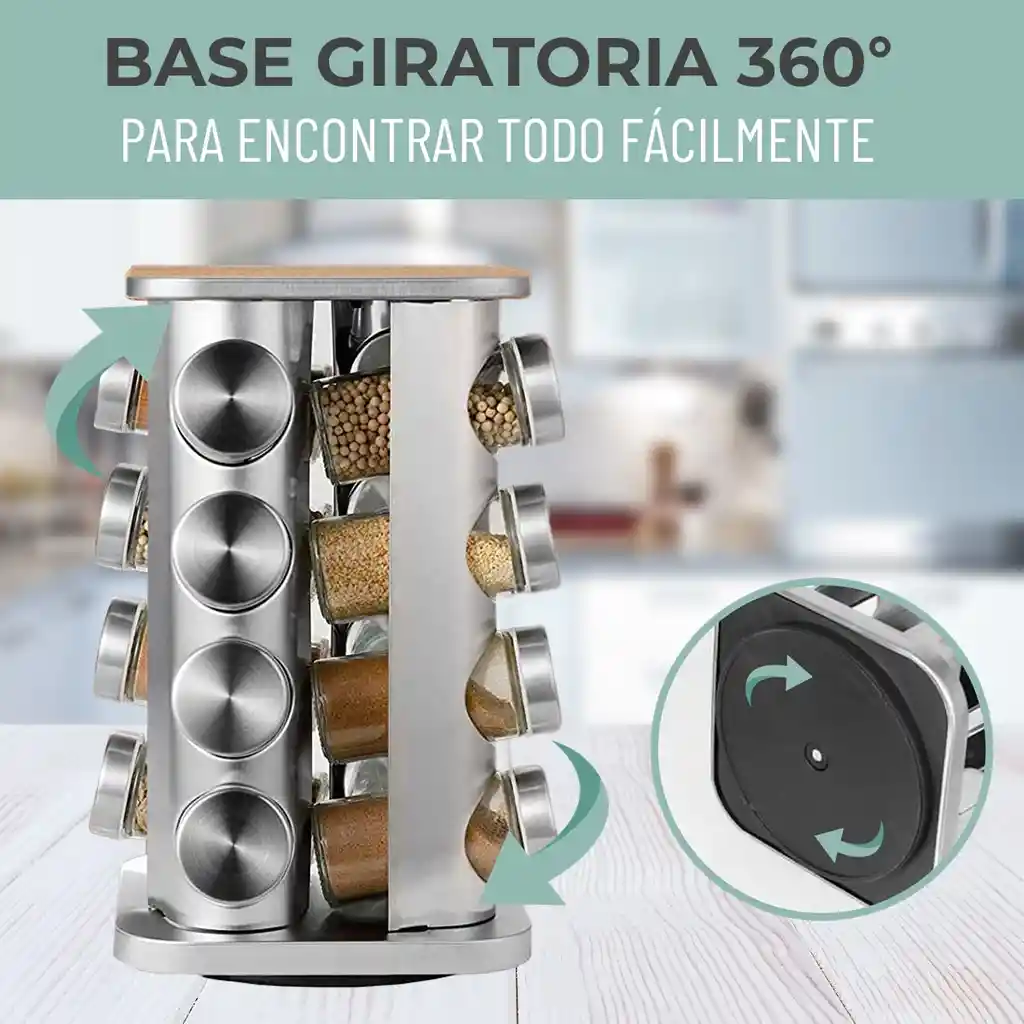 Especiero Cocina 16 Condimentos Giratorio Vidrio Acero Inox