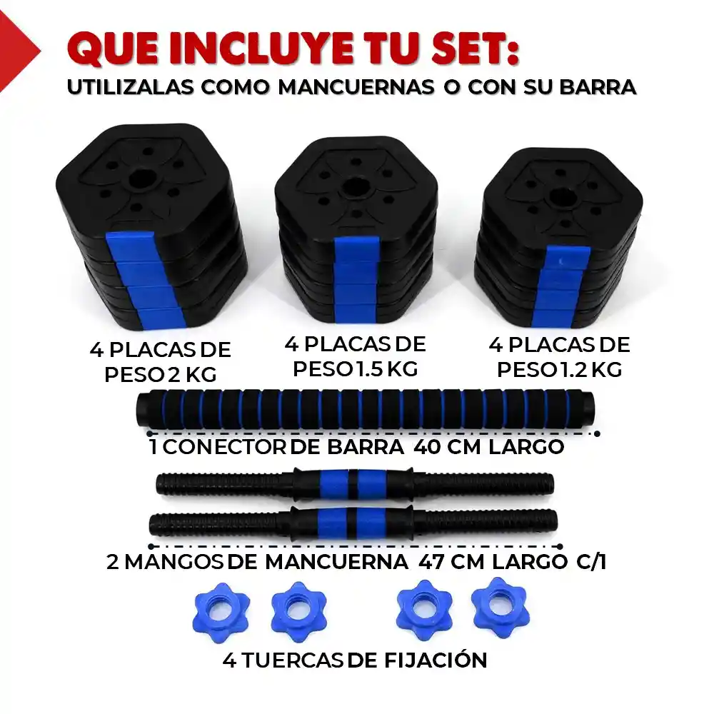 Mancuernas Pesas Ajustables Set 20 Kg Fitnics 2en1 + Barra