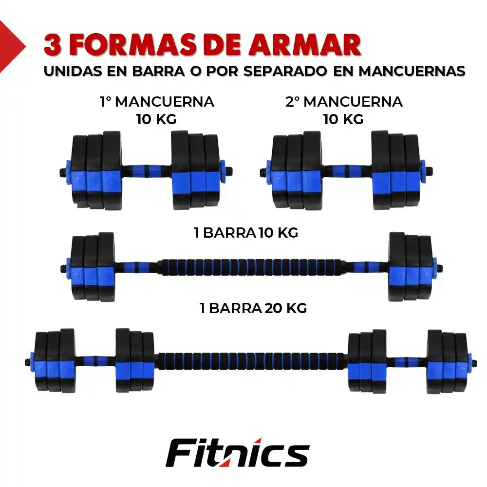 Mancuernas Pesas Ajustables Set 20 Kg Fitnics 2en1 + Barra