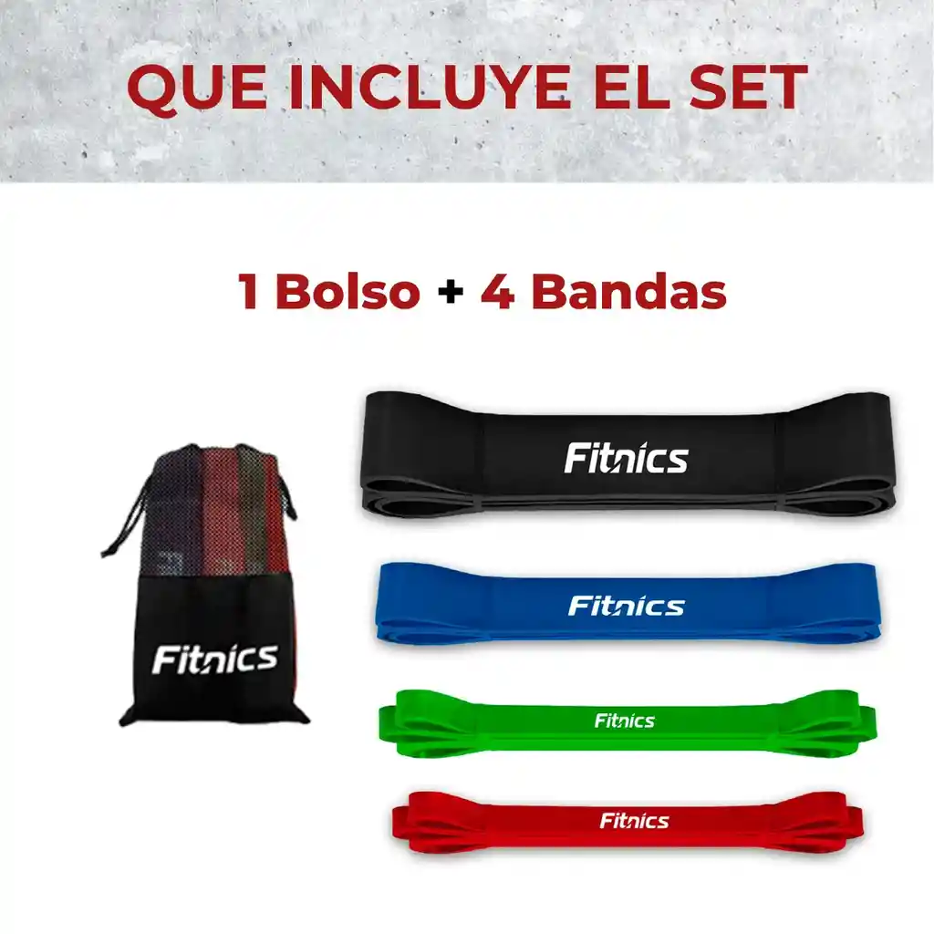 Bandas Elasticas Resistencia Poder Fitnics Set 4 Latex + Bolsa