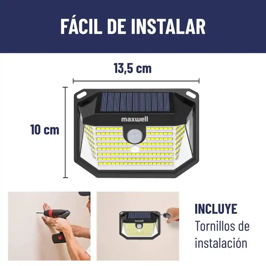 Lampara Solar Led Exterior Pared Maxwell Sensor Movimiento