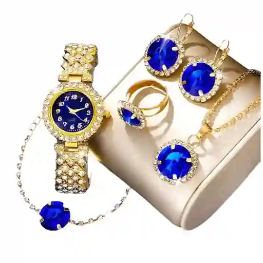 Kit Reloj Dorado Azul Para Mujer + Juego De Collar Aretes