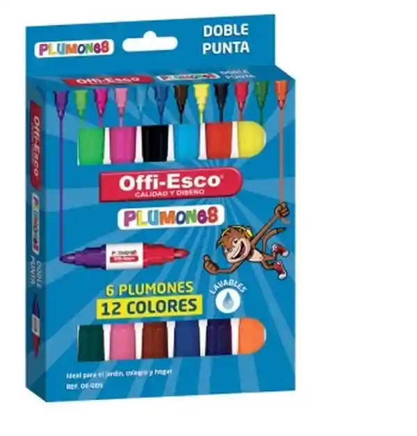 Plumones Doble Punta X 6 Und 12 Colores Lavables Offi Esco Oe-086