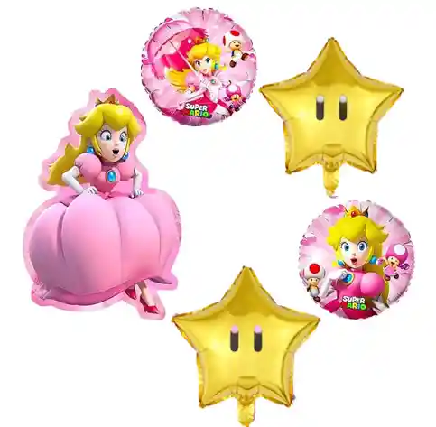 Bouquet Globos Metalizados 5 Piezas Princesa Peach Mario Bross