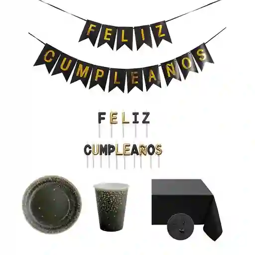 Kit De Fiesta Decoracion Negro Con Dorado