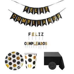 Kit De Fiesta Decoración Negro Con Dorado Celebración