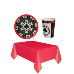 Set 8 Platos Torta + 8 Vasos + Mantel Rojo Fiesta Casino