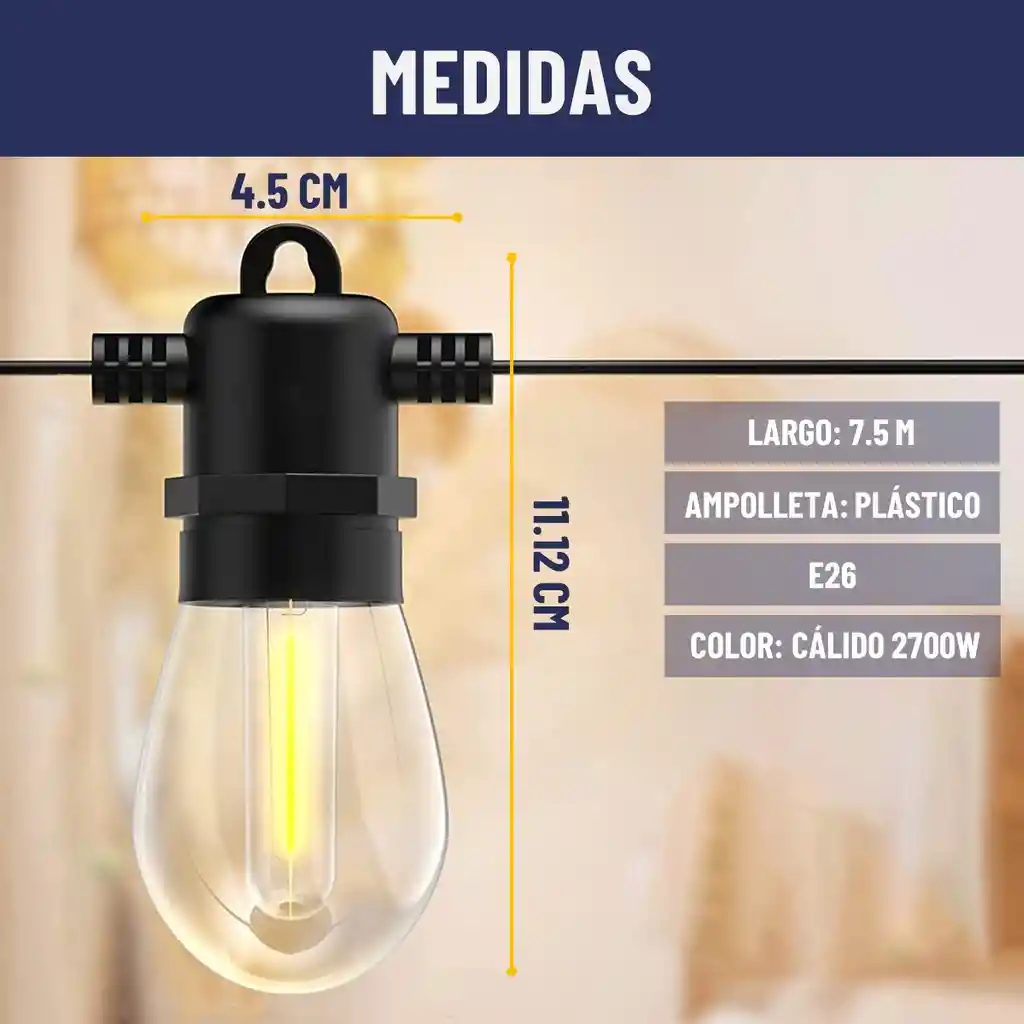 Guirnalda Luces Solar 7,5mt Exterior Maxwell + 10 Ampolletas