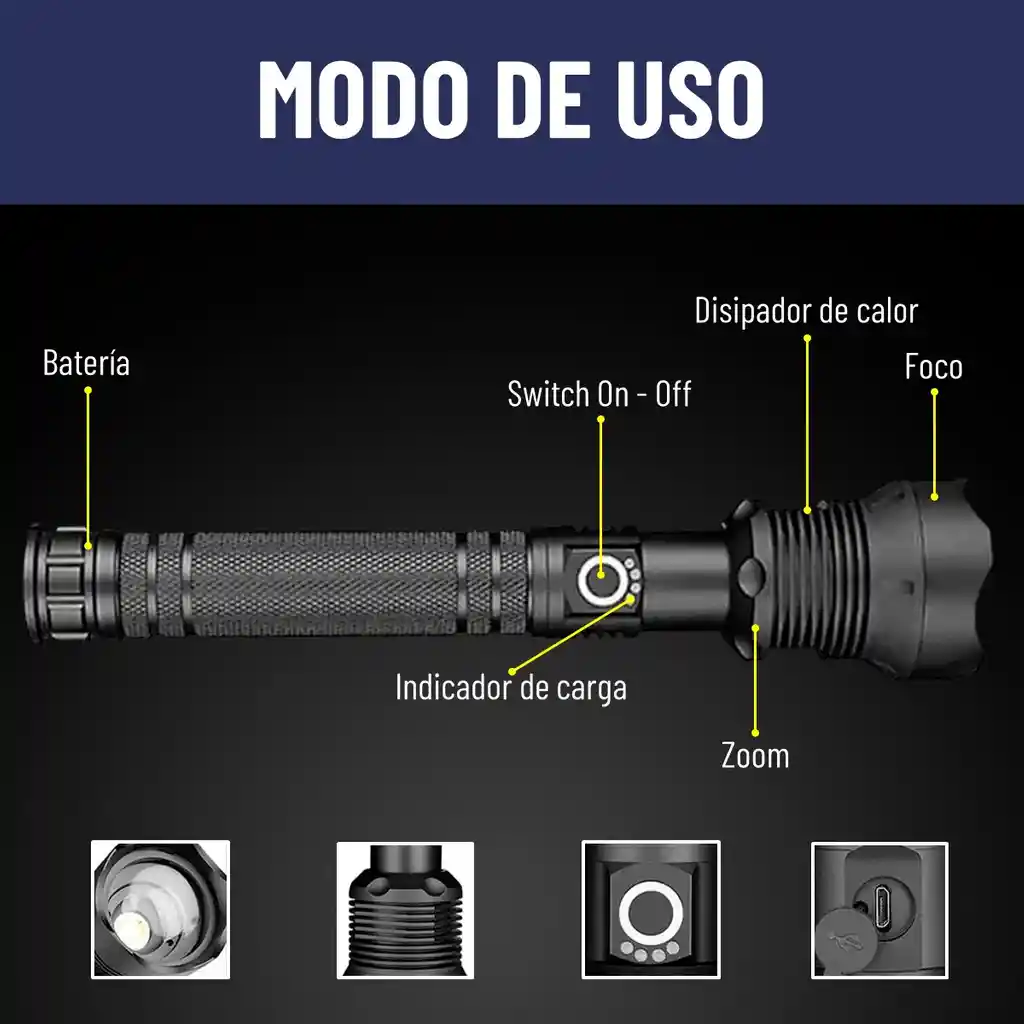 Linterna Led Tactica Maxwell Recargable Usb Impermeable