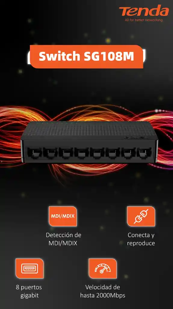 Switch Tenda Sg108m Gigabit De Sobremesa De 8 Puertos