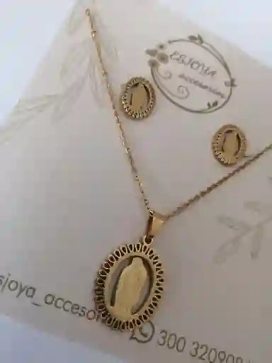 Juego De Collar Y Aretes Dorados Virgencita
