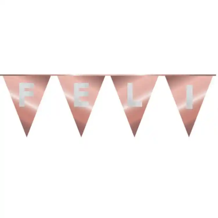 Bnaderin Letrero Feliz Cumpleaños Banderines Triangulos Oro Rosa Letras Plateadas