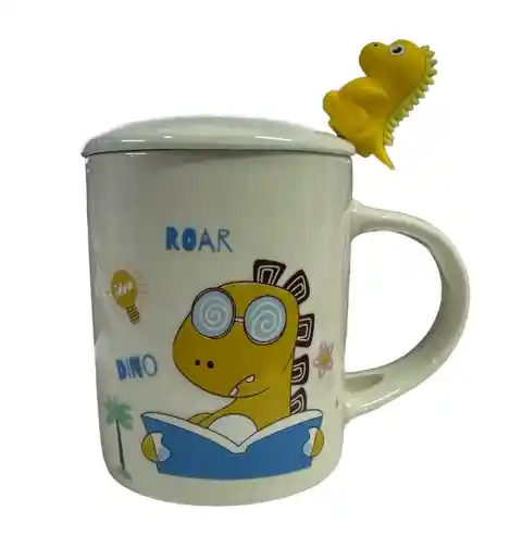 Mug Taza Pocillo Vaso Ceramica Con Cuchara Blanco Motivo Dinosaurio Amarillo