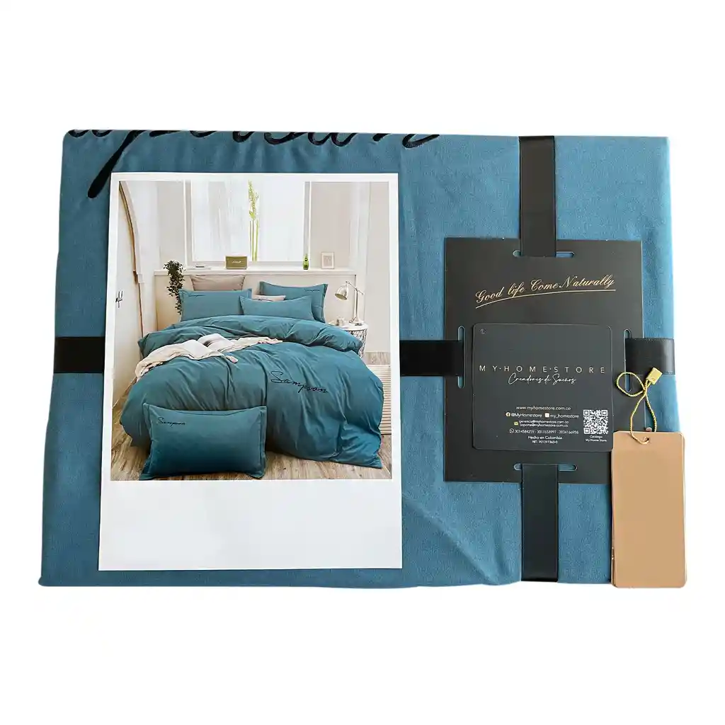 Funda Duvet Sampson Bordado Celeste Queen + Sabana Plana