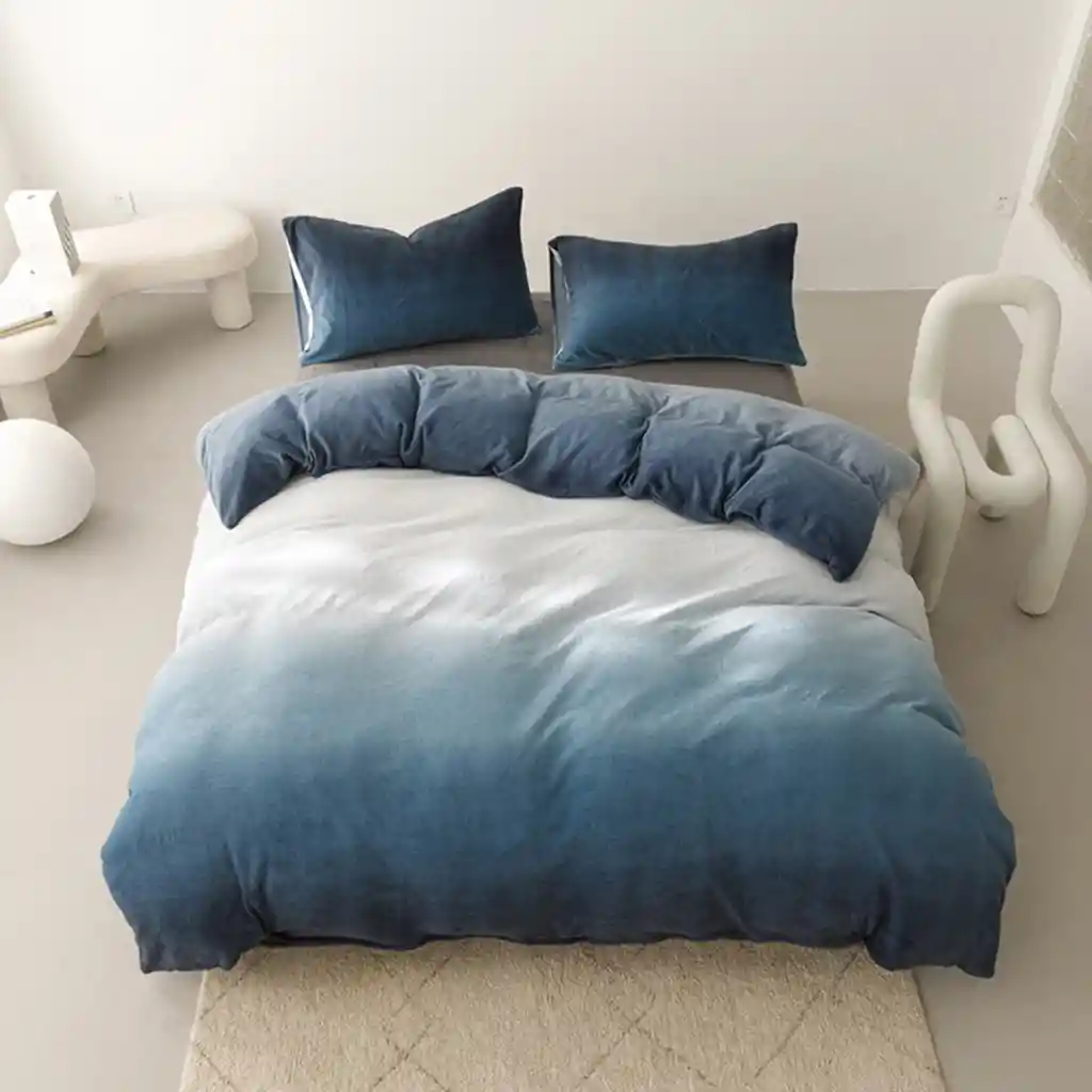 Funda Duvet Digital De Franela Con Estampado Degrade Azul Queen + Sabana Plana