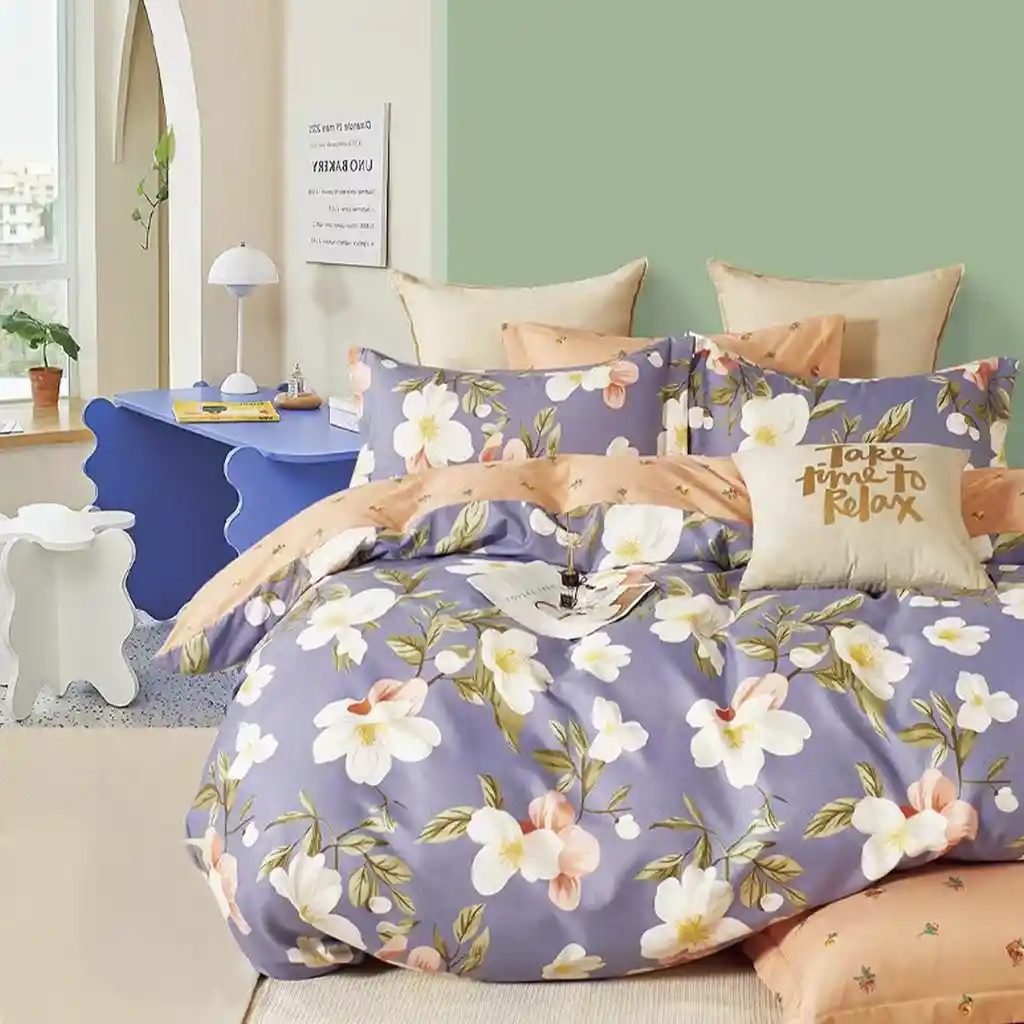 Funda Duvet Estampado Flores Sobre Azul Doble + Sabana Plana