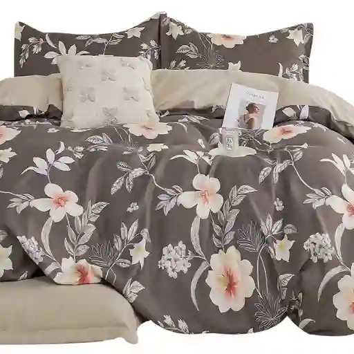 Funda Duvet Estampado Flores Sobre Negro Doble + Sabana Plana