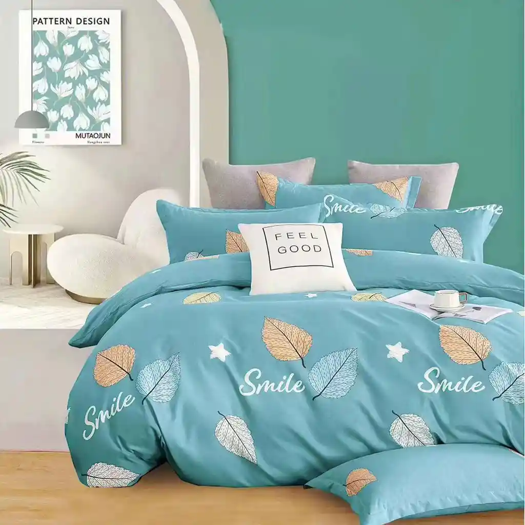 Funda Duvet Estampado Hojas En Azul Doble + Sabana Plana