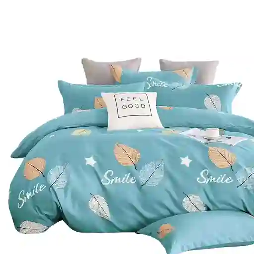 Funda Duvet Estampado Hojas En Azul Doble + Sabana Plana