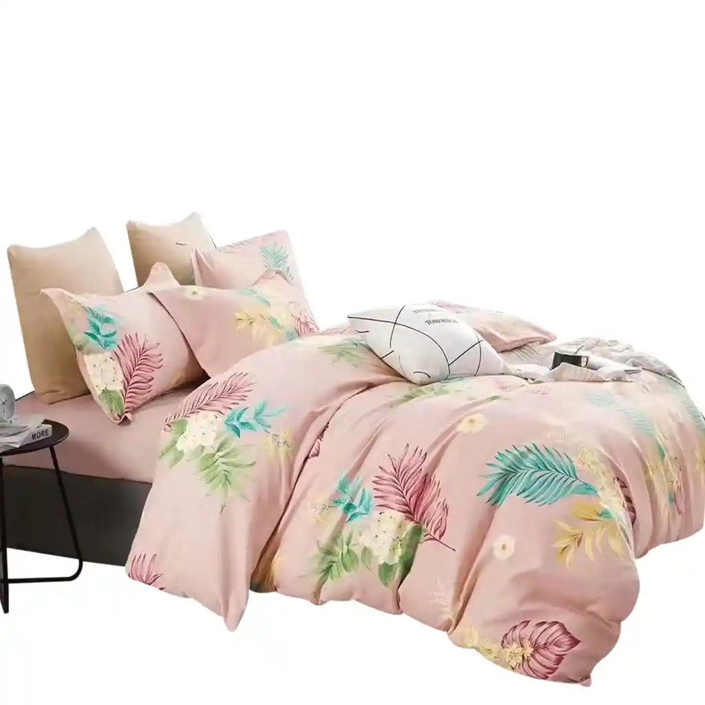 Funda Duvet Estampado Hojas En Rosa Doble + Sabana Plana