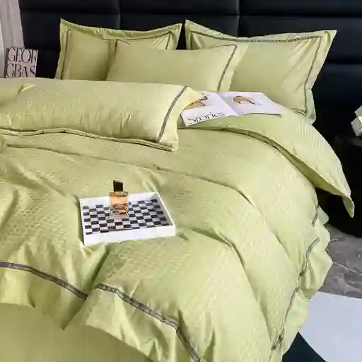 Funda Duvet Unicolor Con Detalles En Relieve Oliva Doble + Sabana Plana