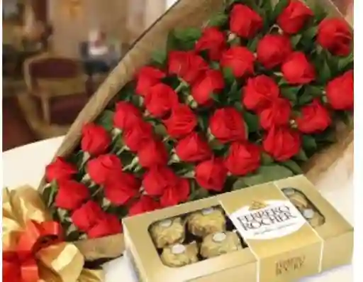Ramo De Mano Con 24 Rosas Ojas + Cja De Chocolates Ferrero