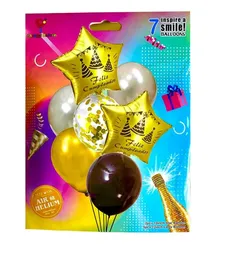 Globo Metalizado Bouquet 7 Piezas Feliz Cumpleaños Dorado Plateado Negro