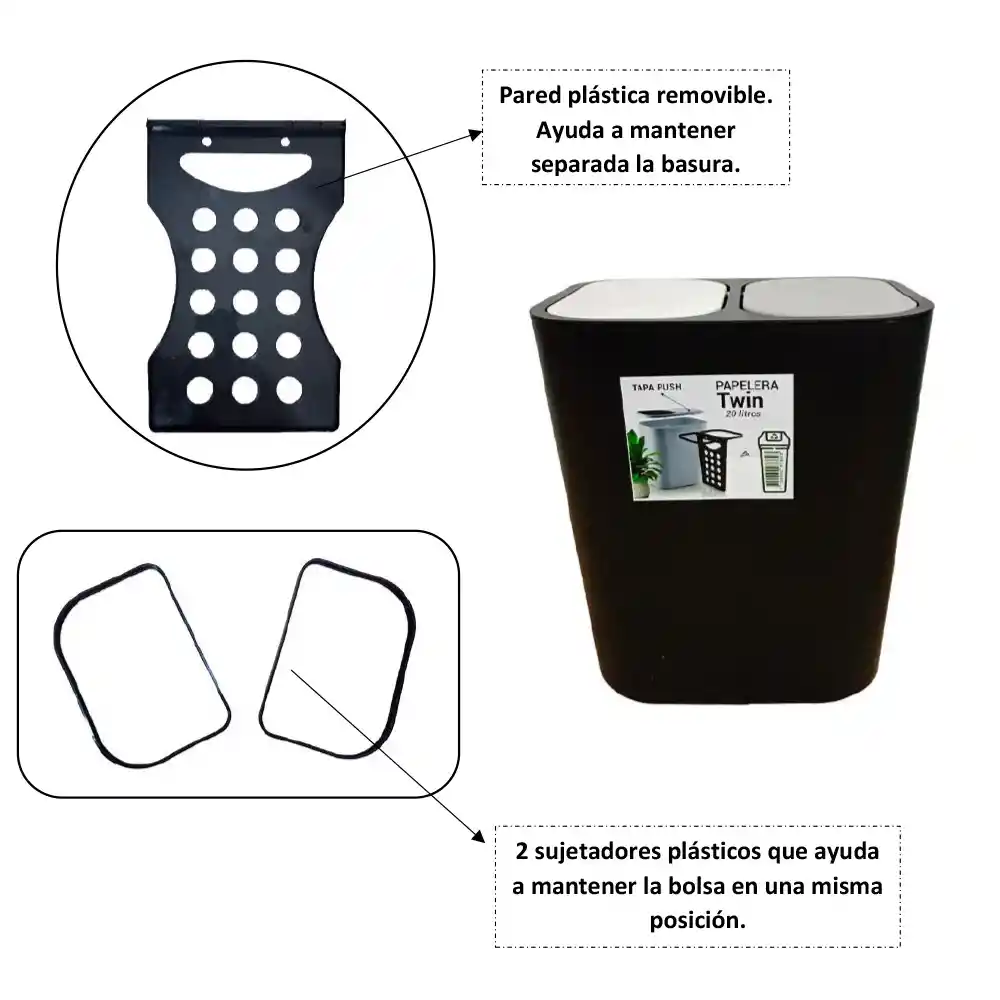 Papelera Twin Dos Compartimentos Tapa Push 20 Litros