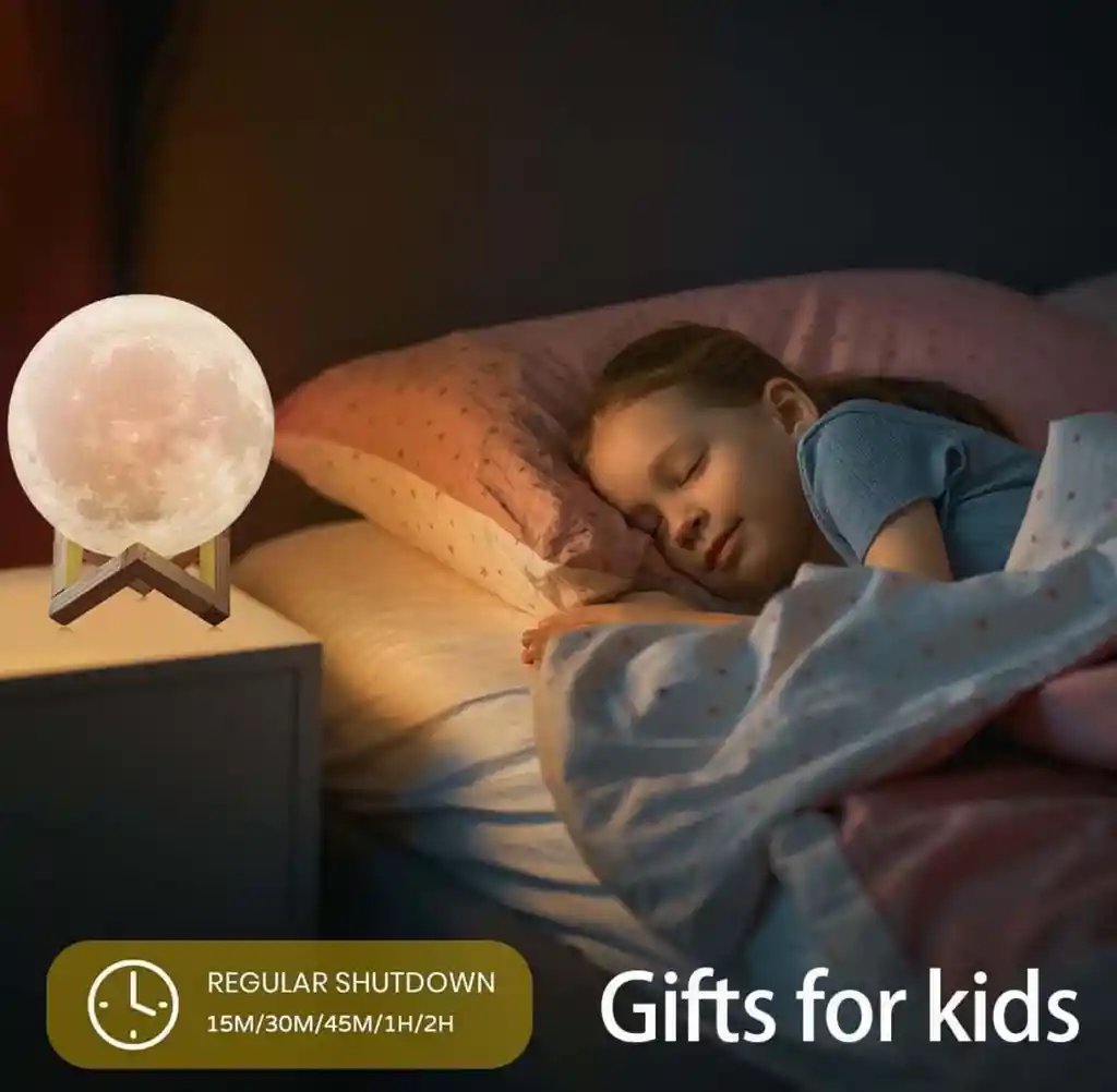 Lámpara Luna Recargable 3d Led Base Madera Moon Usb
