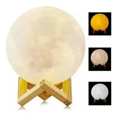 Lámpara Luna Recargable 3d Led Base Madera Moon Usb