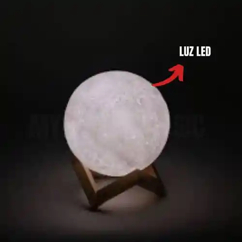 Lámpara Luna Recargable 3d Led Base Madera Moon Usb