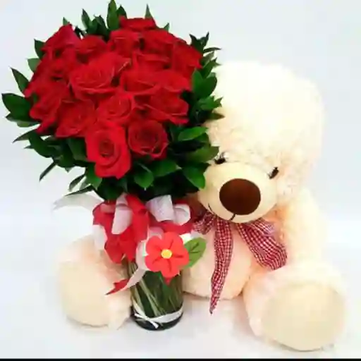 Rosas Por 12, Jarron Y Peluche