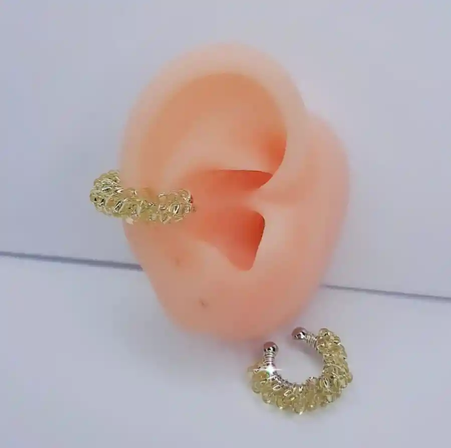 Earcuff Tejido Plateado Perlas Doradas