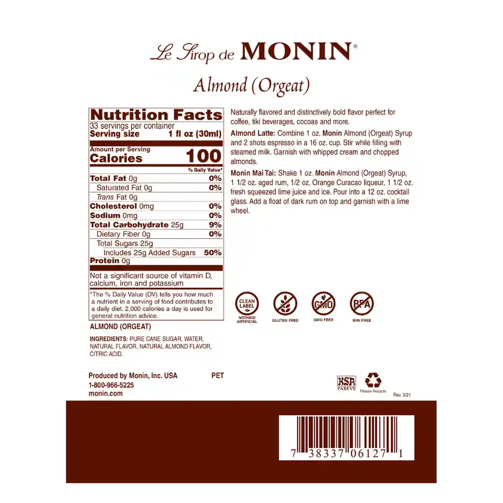 Monin Sirope De Almendra – Almond Orgeat 750 Ml (25.4 Fl Oz)