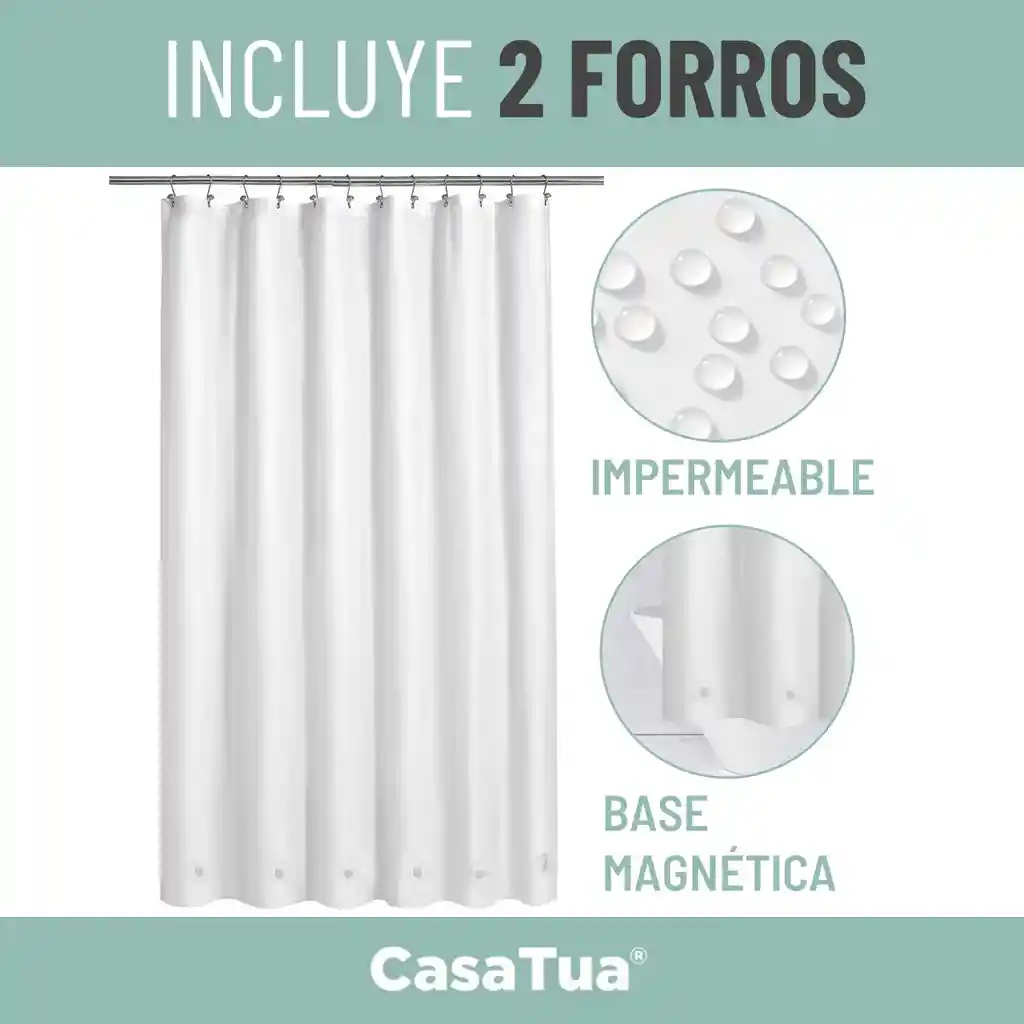 Cortina Baño Ducha 100% Impermeable Con Iman Y Forro