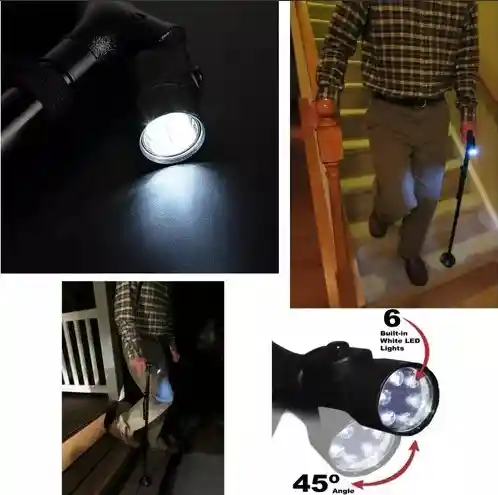 Baston Plegable Para Caminar Con Luz Led Base Articulada Color Negro